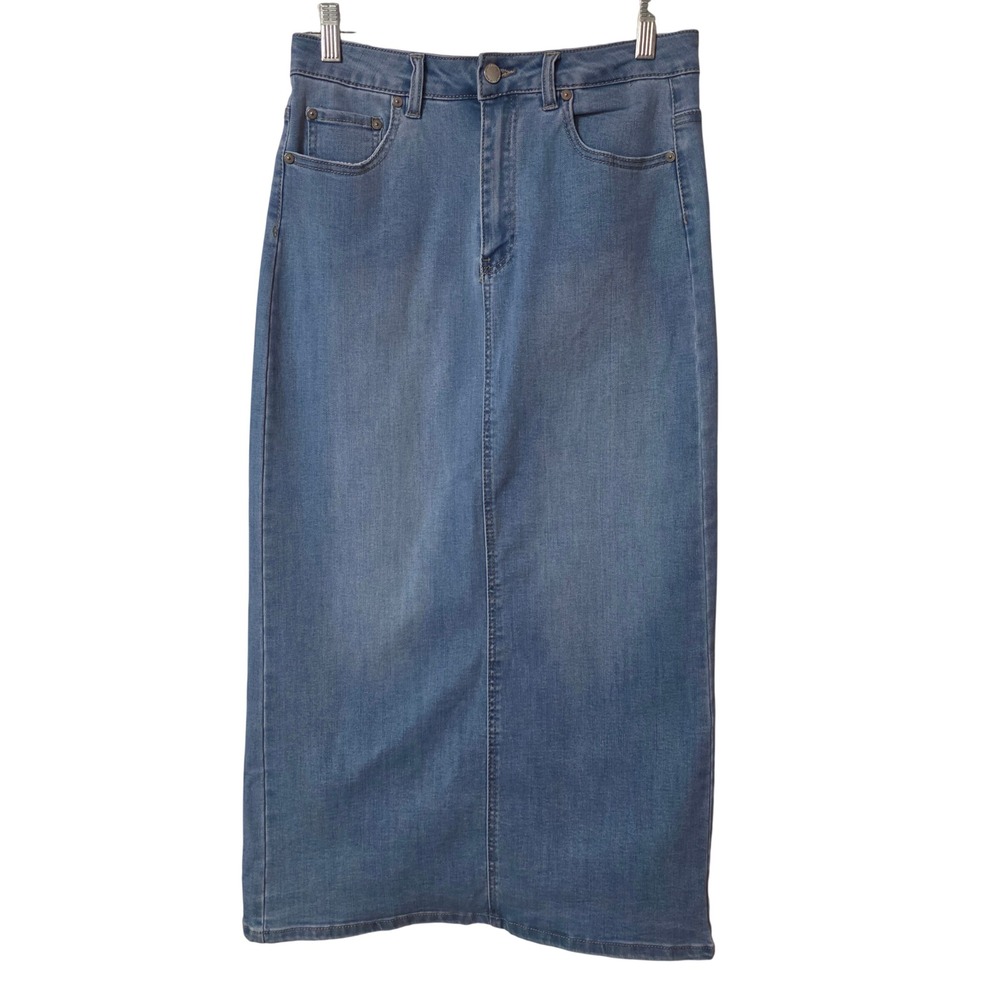 OAT New York Womens 6/28 Denim Maxi Skirt Blue High Rise Back Slit K0003-LGMY